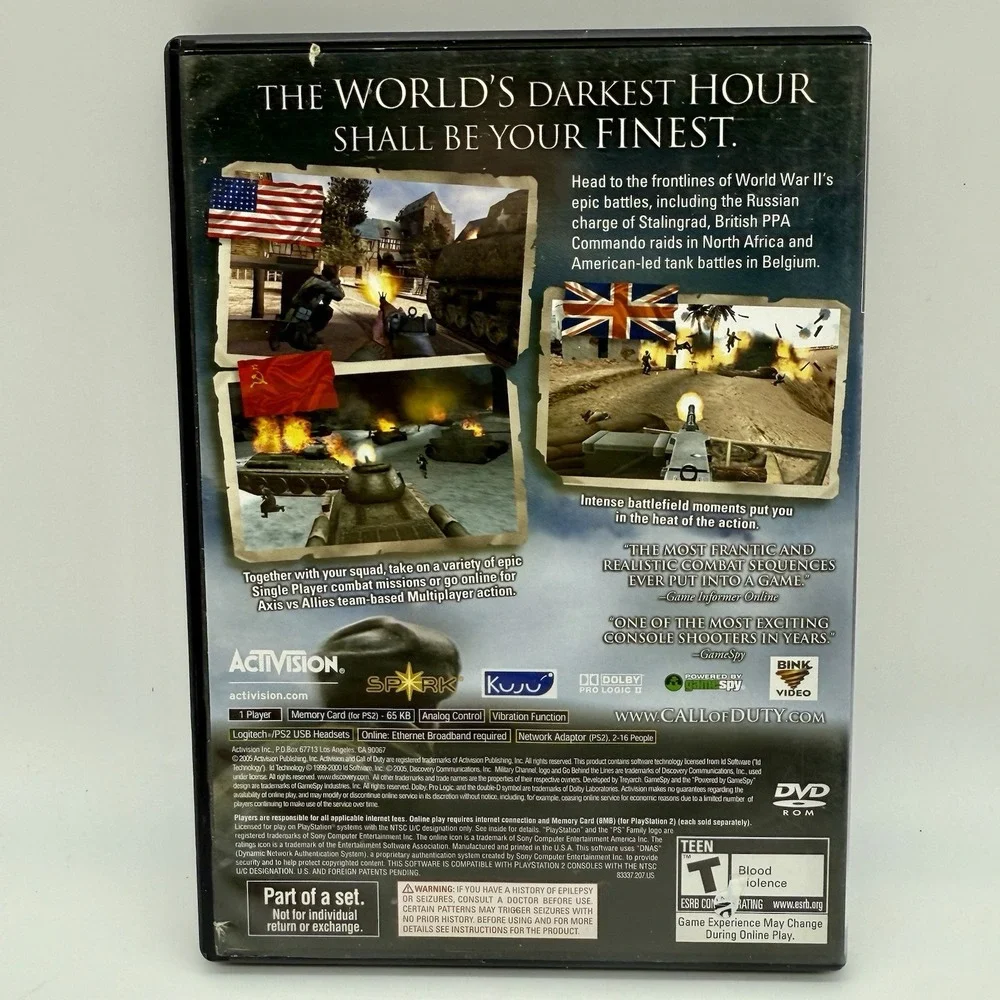 Call of Duty: Finest Hour (Sony PlayStation 2, 2004) PS2 Game Case Manual Tested